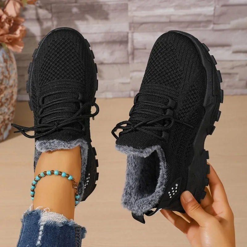 Knit Fabric Lace Up Sneakers - Zapatillas térmicas de invierno para mujer,